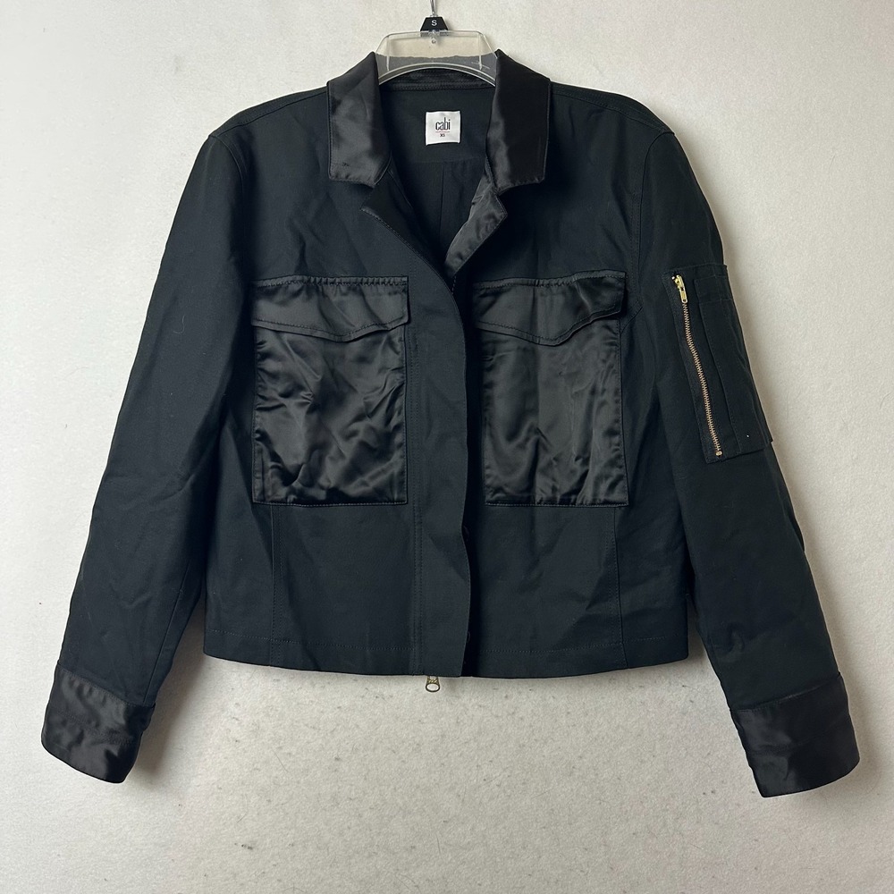 Cabi Women Black Utility Jacket Mixed‎ Media Satin Trim Zip Front XS 5635